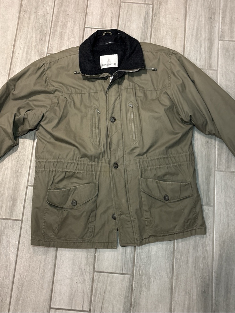 London Fog Men's Olive Field Jacket with Black Corduroy Collar